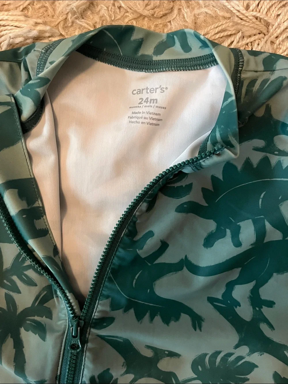 Carter's Teal and Dark Green Dinosaur Zip One-Piece Swimsuit